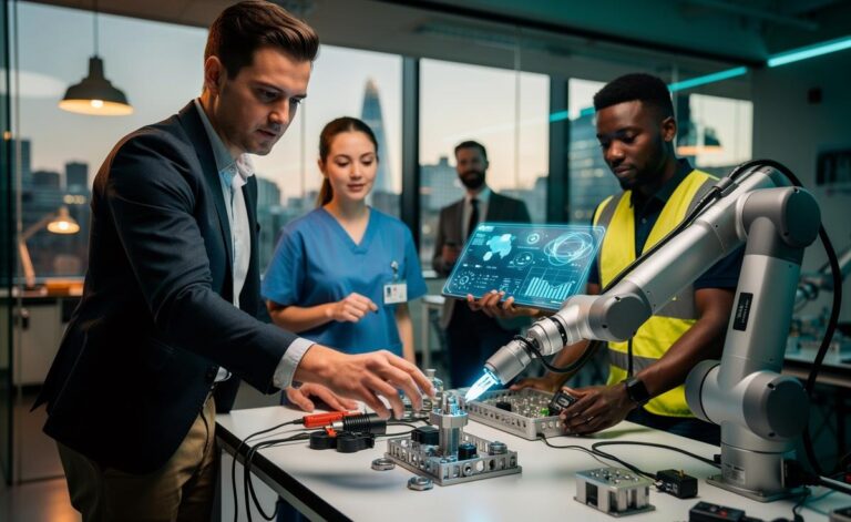 Illustration of robots and humans collaborating in UK workplaces in 2026, showing automation reshaping tasks rather than replacing jobs