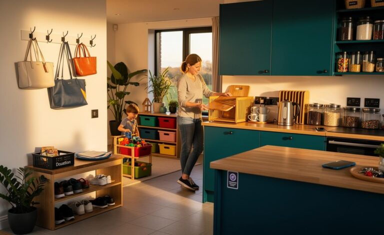 Illustration of a well-organised home with labelled zones, modular storage, and family-friendly routines recommended by professional organisers for 2026