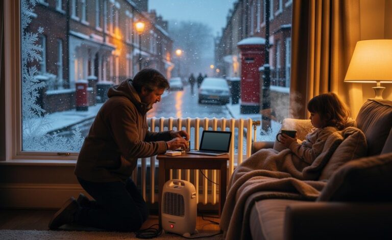 Illustration of the severe UK winter of 2026 and its impact on homes, health, travel, and energy bills
