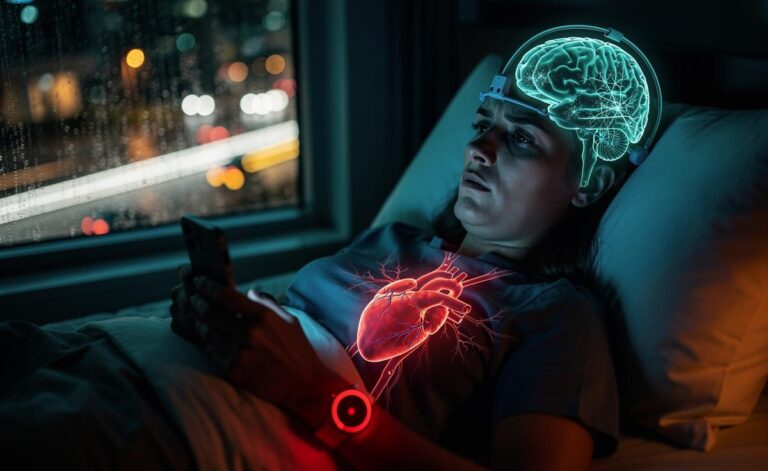 Illustration of sleep deprivation's dangers revealed by 2026 research, showing impacts on brain health, cardiovascular risk, metabolism, mood, and public safety