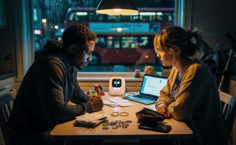Illustration of a UK couple at their kitchen table in 2023, stressed over rising energy, housing, and childcare bills, symbolising the cost-of-living crisis and inflation driving soaring divorce rates