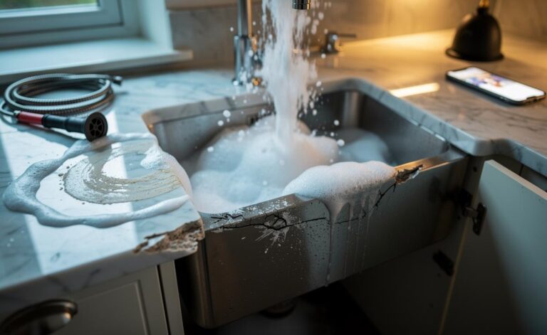 Illustration of the baking soda and vinegar cleaning hack foaming in a kitchen sink, highlighting potential damage to stone surfaces, seals, and drains