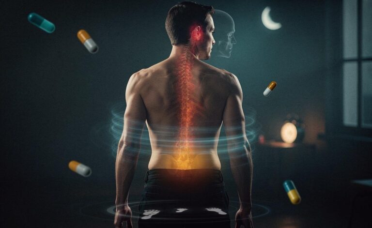 Illustration of hidden causes of back pain, including posture variability, jaw clenching, foot mechanics, dysfunctional breathing, stress, sleep disruption, medicines, and inflammation