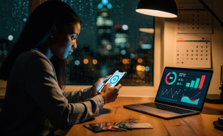 Illustration of a UK consumer checking their credit score on a smartphone, with alerts and a calendar showing monthly and weekly checks, reflecting financial advisers’ guidance on how often to monitor
