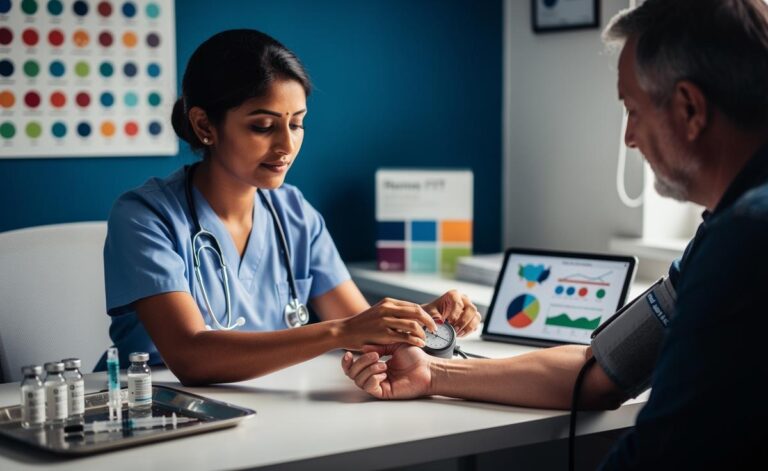 Illustration of a UK GP measuring a patient's blood pressure during a routine health check, with a calendar highlighting key ages for NHS screenings and Health Check intervals