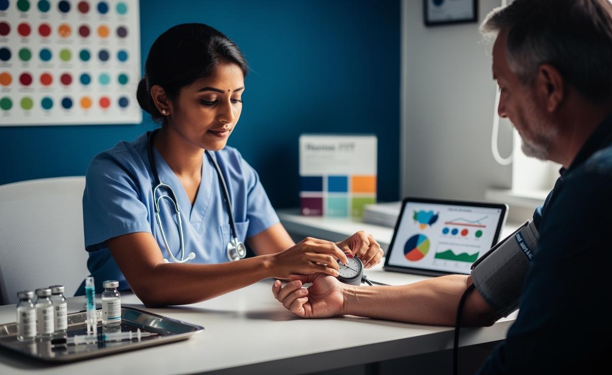 Illustration of a UK GP measuring a patient's blood pressure during a routine health check, with a calendar highlighting key ages for NHS screenings and Health Check intervals