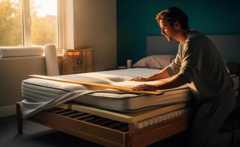 Illustration of a person inspecting a bedroom mattress for sagging and support, with a calendar highlighting a 7–10-year replacement cycle