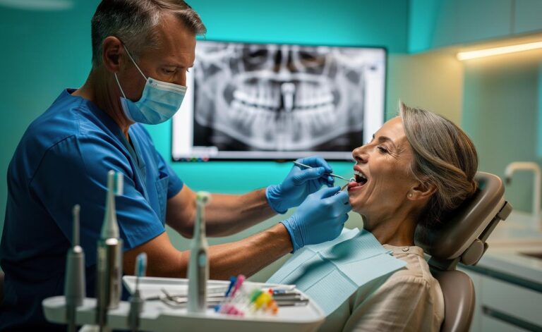 Illustration of a dentist reviewing personalised check-up intervals and oral cancer screening with a patient over 50