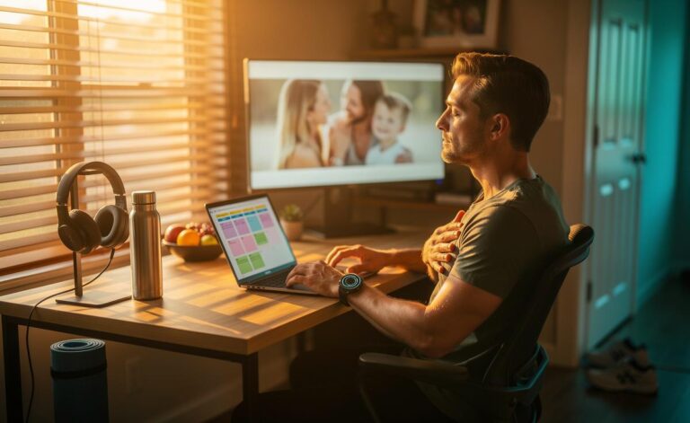 Illustration of a professional achieving better work-life balance in 2026 through therapist-backed strategies, setting calendar boundaries, planning by energy, and using micro-recovery rituals in a hybrid home office.