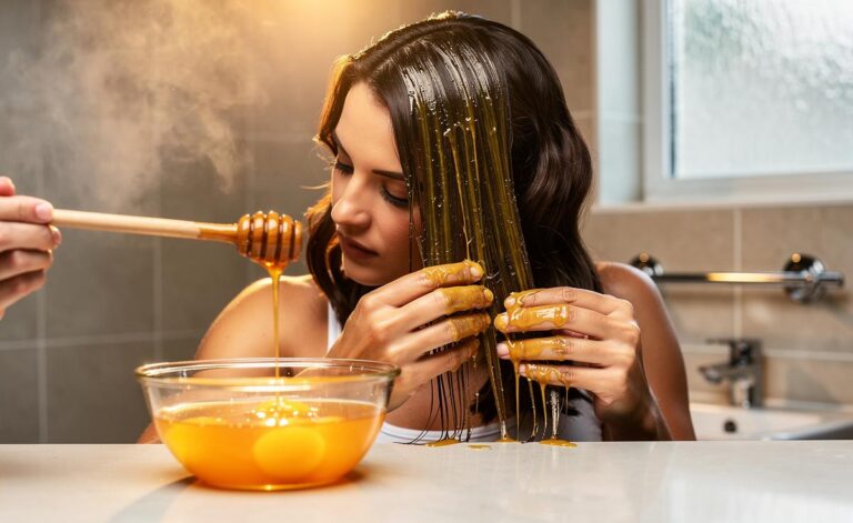 Illustration of an egg and honey hair mask being prepared and applied to boost hair shine