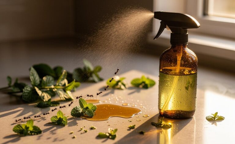 Illustration of creating a natural ant repellant using mint leaves