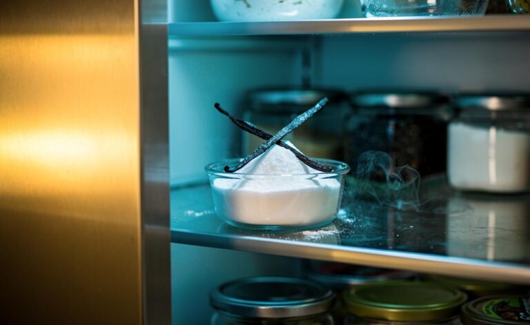 Illustration of deodorizing a fridge with baking soda and vanilla pods