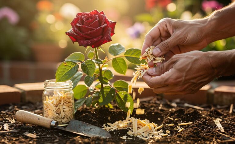 Illustration of banana peel fertiliser being applied to blooming rose bushes