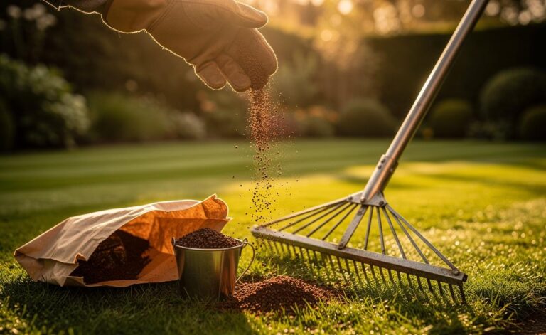 Illustration of a gardener sprinkling dried used coffee grounds onto a freshly mown UK lawn and brushing them in with a lawn rake