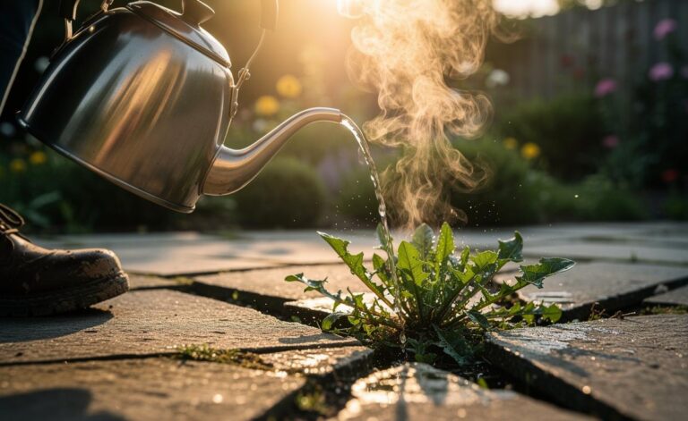 Illustration of boiling water being poured from a kettle onto garden weeds in paving cracks