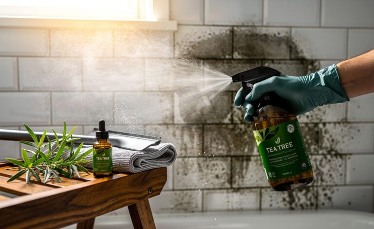 Illustration of using tea tree oil to remove mildew from bathroom tiles and grout
