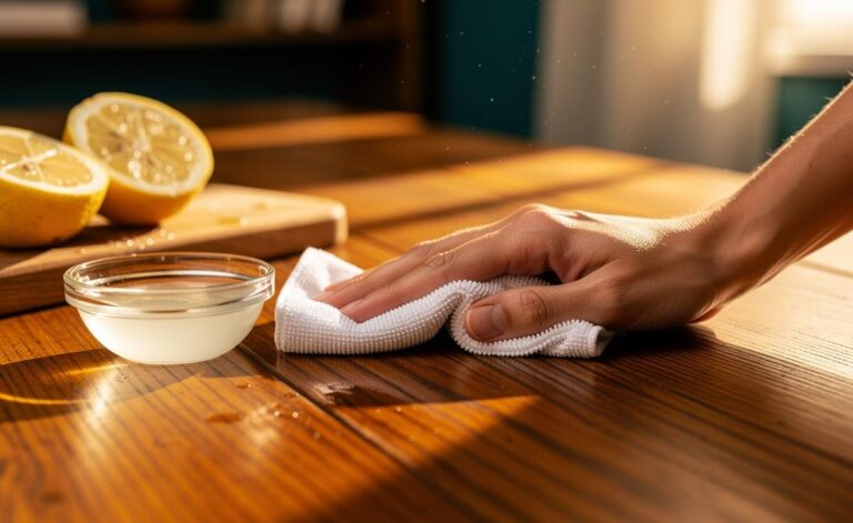 Illustration of polishing wooden furniture with coconut oil and lemon juice