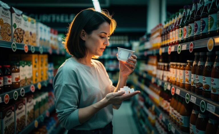 Illustration of a shopper checking UK nutrition labels to spot hidden sugar, following nutritionist advice