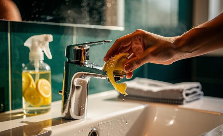Illustration of using lemon peels to sanitise bathroom surfaces