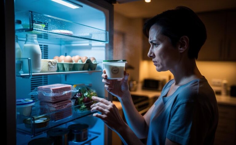 Illustration of a person checking use by and best before dates on groceries in a refrigerator to decide whether expired foods are safe to eat