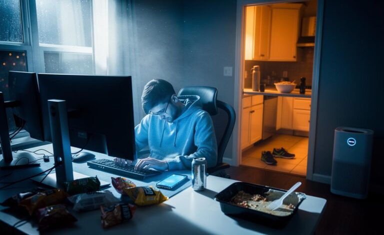 Illustration of the health risks in modern daily routines: prolonged sitting at a desk, late-night screen use, ultra-processed foods, sleep disruption, and poor indoor air quality