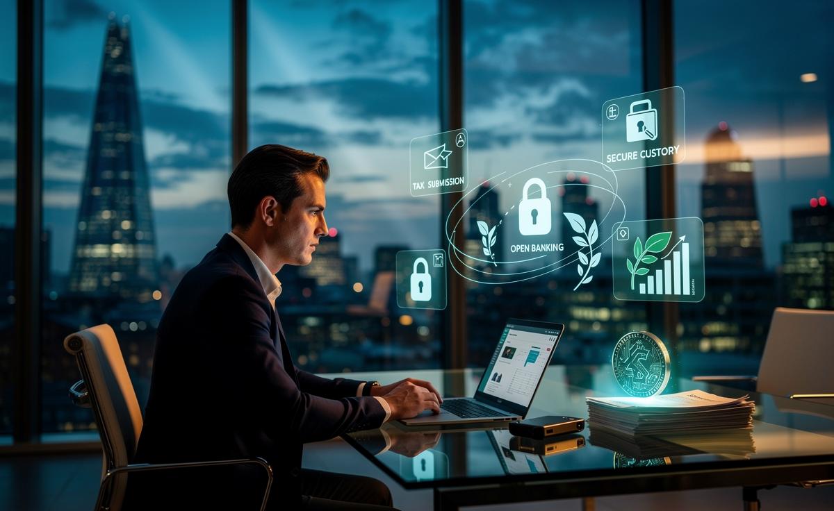 Illustration of new UK financial rules for 2026, including MTD for ITSA, the Consumer Duty, cryptoasset oversight, Open Finance, and ISSB-aligned sustainability reporting