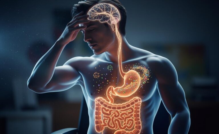 Illustration of the gut–brain axis showing how stress influences gut health, digestion, and the intestinal microbiome