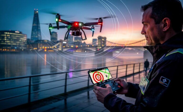 Illustration of a UK drone pilot preparing a class‑marked drone with Remote ID to comply with the 2026 regulations before flight