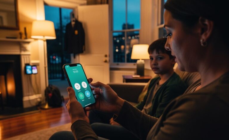 Illustration of a UK parent setting screen time limits on a child's phone to comply with 2026 rules