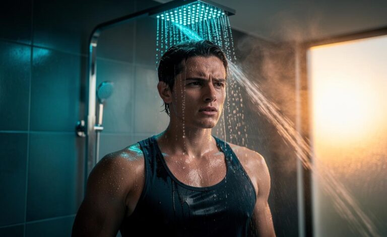 Illustration of a person taking a cold shower to boost alertness, mood, and resilience