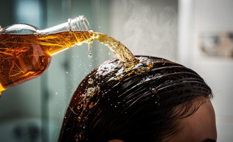 Illustration of the apple cider vinegar scalp rinse that balances scalp pH and uses natural enzymes for fast results