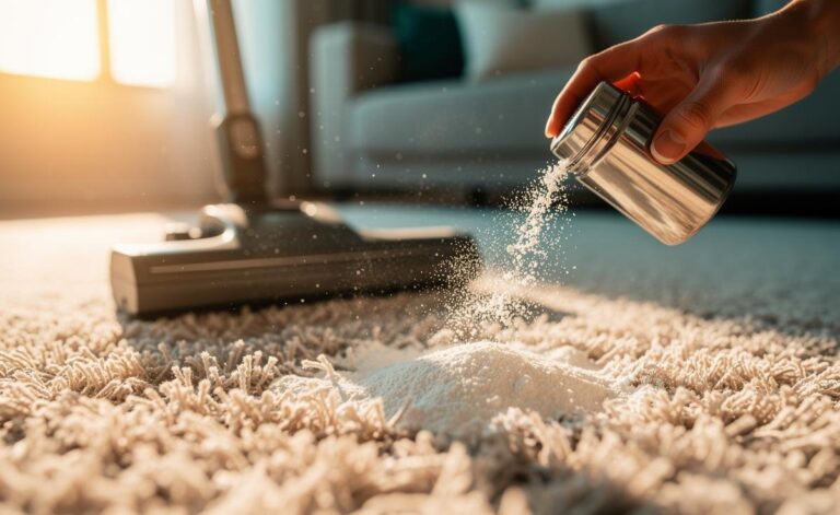 Illustration of sprinkling baking powder onto a carpet and vacuuming to freshen and neutralise odours