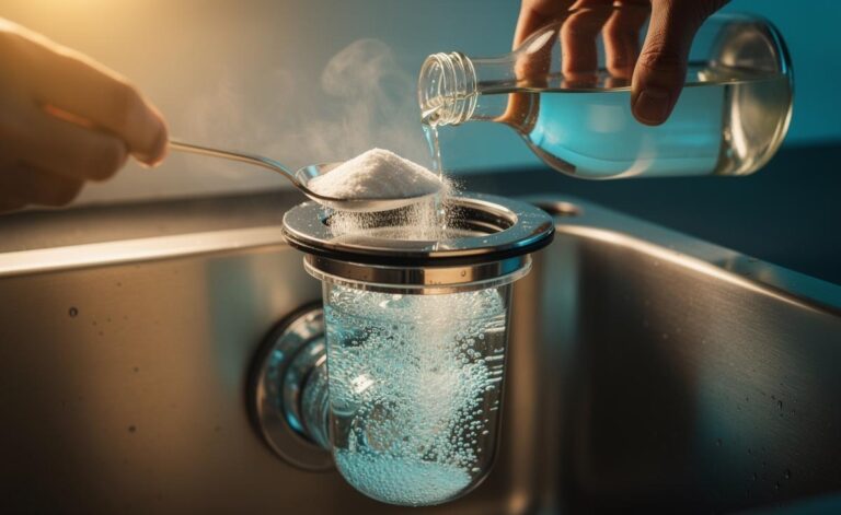 Illustration of baking soda and vinegar fizzing inside a sink drain to break down gunk