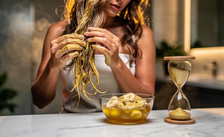 Illustration of a person applying a banana hair mask to frizzy hair for 15 minutes