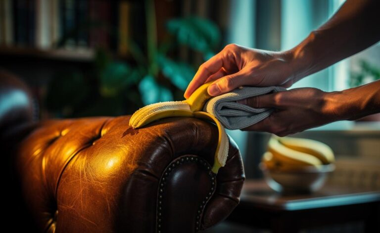 Illustration of a hand polishing a leather sofa with the inside of a banana peel