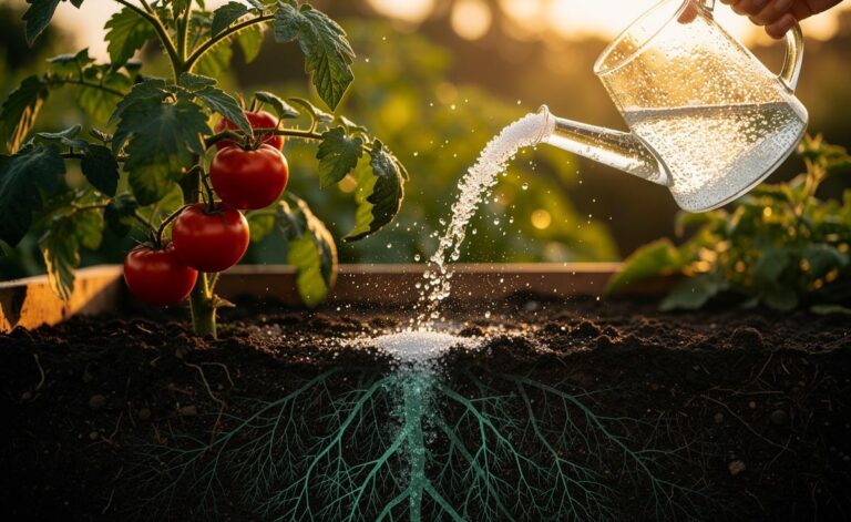 Illustration of an Epsom salt (magnesium sulfate) solution being applied to plant roots to supply magnesium and boost growth