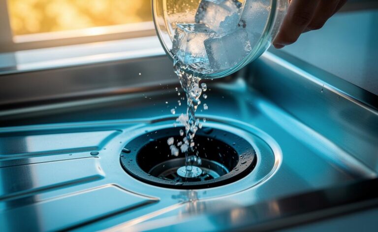 Illustration of ice cubes and coarse salt being poured into a running kitchen garbage disposal under a stream of cold water for instant cleaning