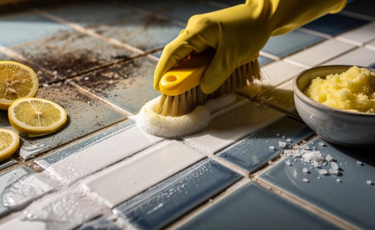 Illustration of the lemon and salt scrub that whitens tile grout