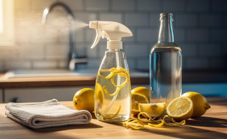Illustration of a homemade lemon and vinegar cleaner in a spray bottle beside white vinegar, lemon peels, and a cleaning cloth on a kitchen counter