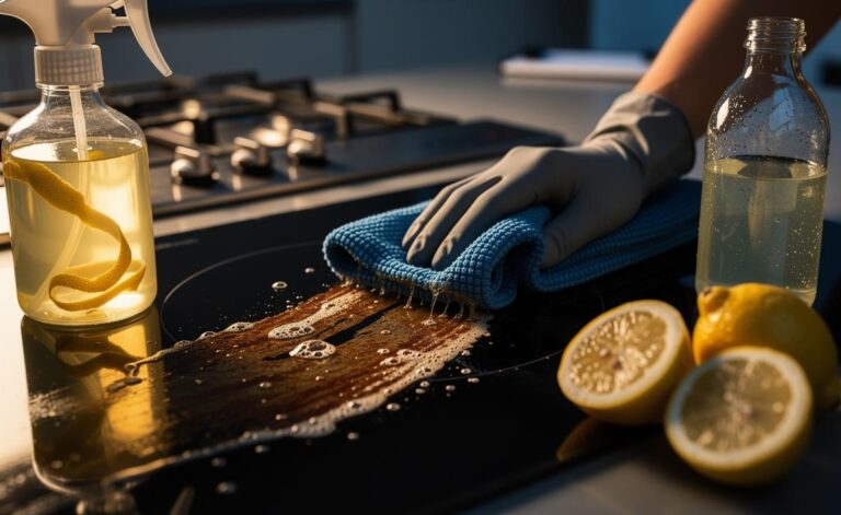 Illustration of a person cleaning a hob with a homemade lemon and white vinegar mixture, showing lemons, a spray bottle, and burnt-on stains being wiped away
