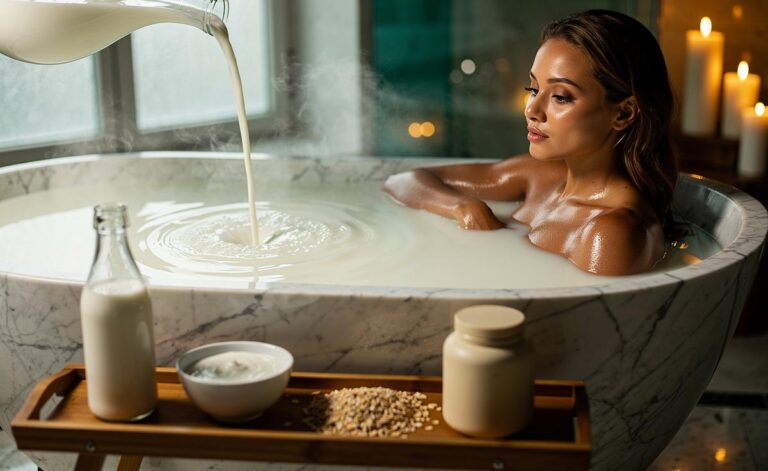 Illustration of a milk bath rich in lactic acid gently exfoliating and hydrating the skin