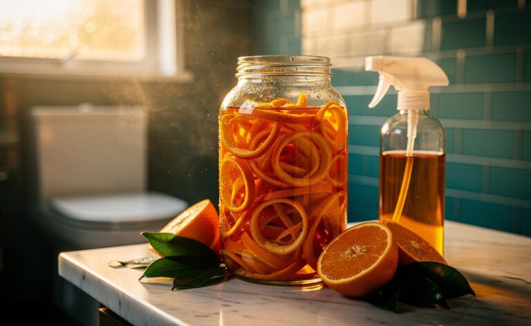 Illustration of an orange peel vinegar infusion in a glass jar beside a toilet, showing natural citrus oils neutralising odours