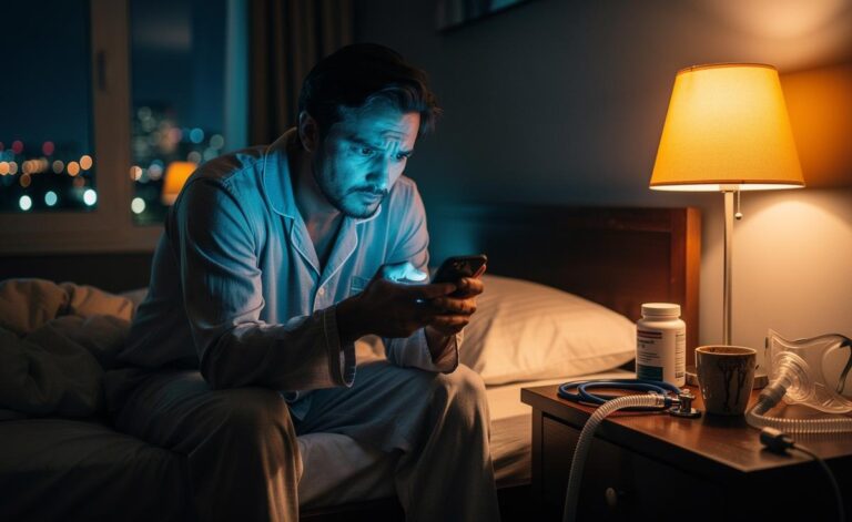 Illustration of a fatigued person exposed to blue light at night, with a clock and medical test icons symbolising circadian and metabolic mismatch