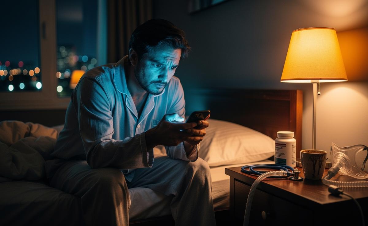 Illustration of a fatigued person exposed to blue light at night, with a clock and medical test icons symbolising circadian and metabolic mismatch