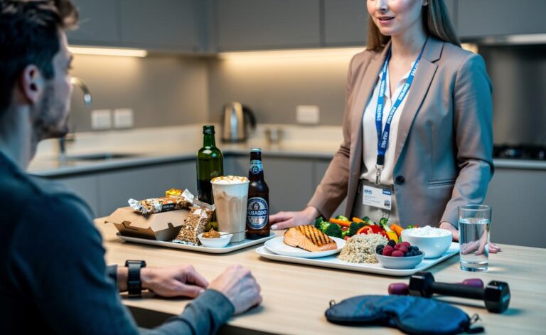 Illustration of a dietician guiding a client on hidden calories, portion sizes=