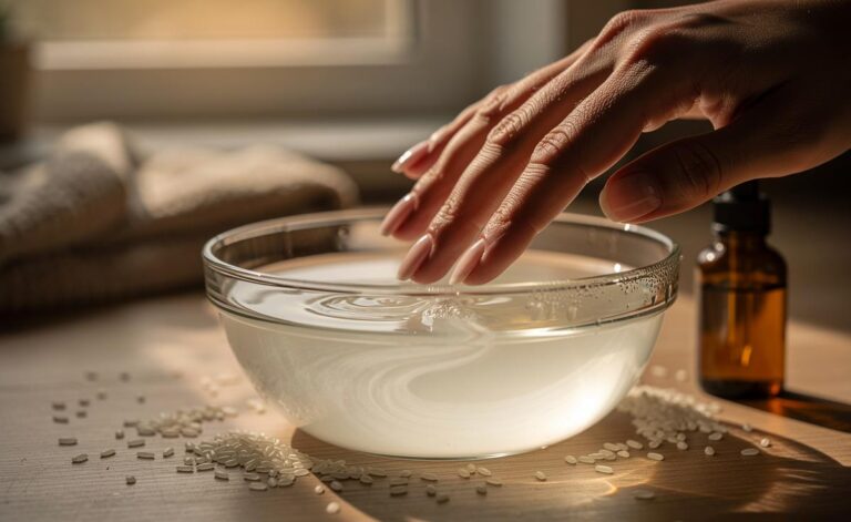 Illustration of hands soaking fingernails in a bowl of rice water beside uncooked rice, highlighting nutrient-rich starch that strengthens nails