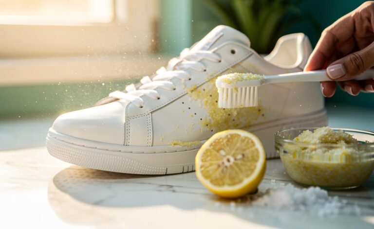 Illustration of cleaning white sneakers with a salt and lemon juice solution