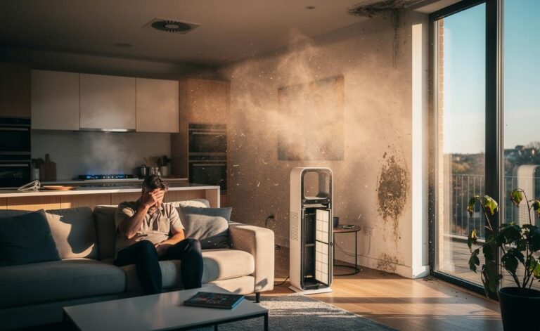 Illustration of unfiltered indoor air in a home, with visible dust particles and cooking fumes highlighting poor air quality