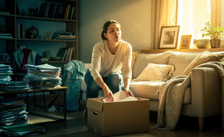 Illustration of the psychology behind decluttering: reduced cognitive load, dopamine from progress, and a calm, organized home.