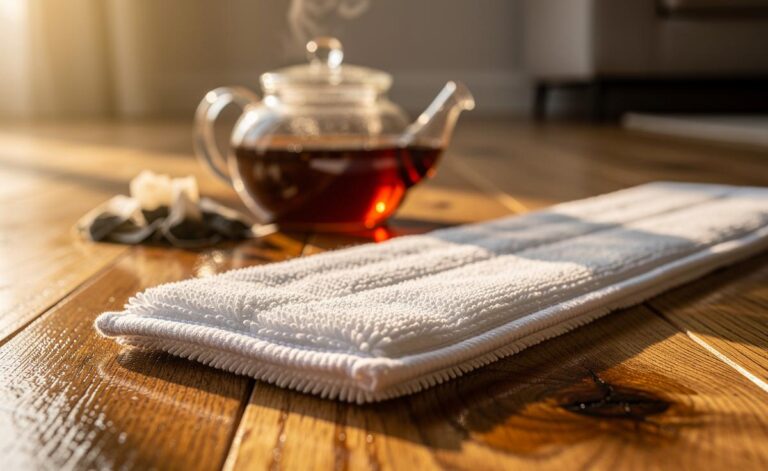 Illustration of brewed black tea from tea bags being applied with a barely damp mop to a wooden floor, with tannins enhancing the shine.